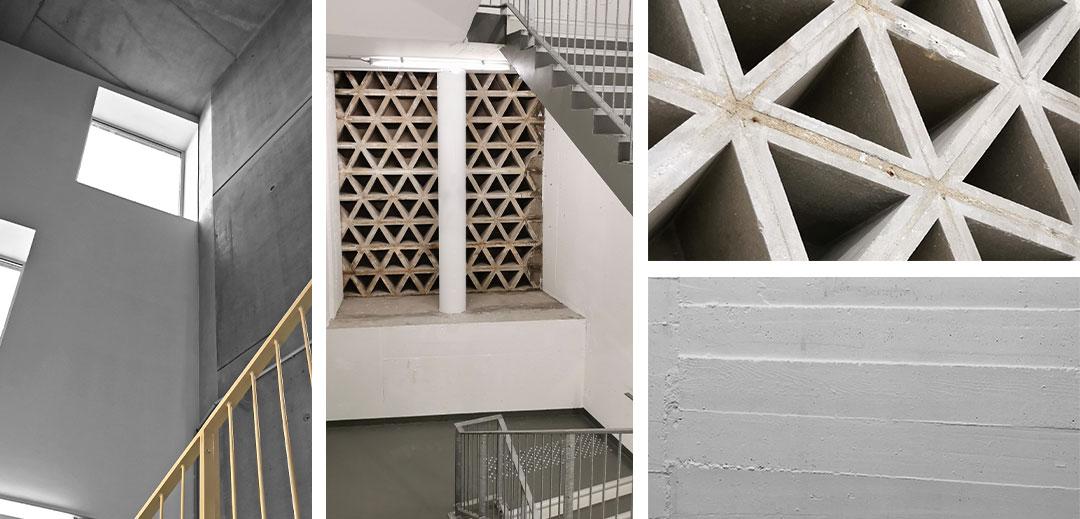Photos et détails de la structure en béton du musée.
