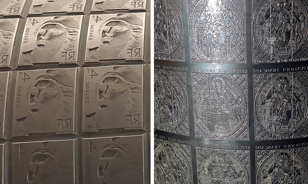 Comparaison de deux coquilles d'impression, typographie à gauche, taille-douce à droite