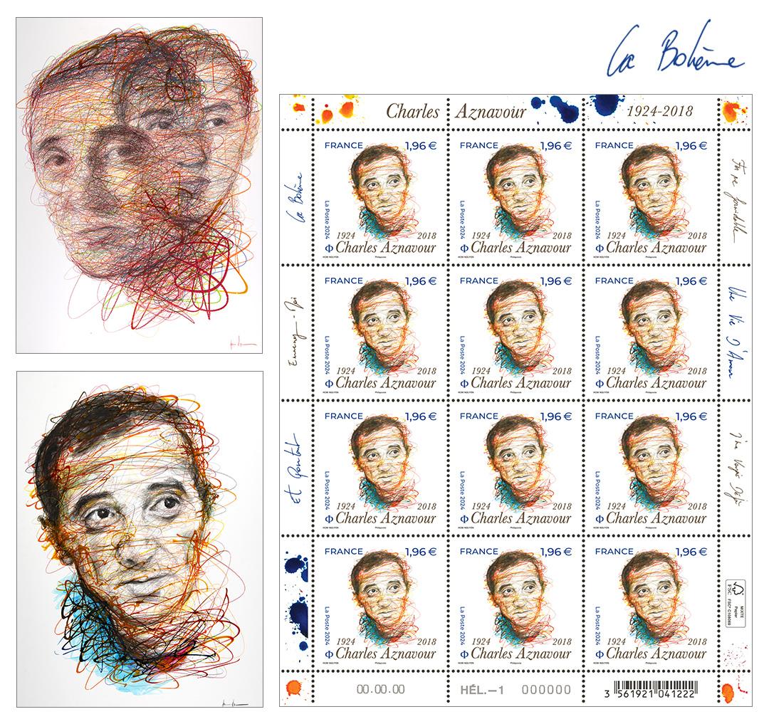 composition avec deux maquettes et la feuille de timbres dessiné par Hom Nguyen composition avec deux maquettes et la feuille de timbres dessiné par Hom Nguyen